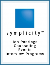 Blue square with text stating "Simplicity" and Job Postings, Counseling, Events and Interview Programs on a white background